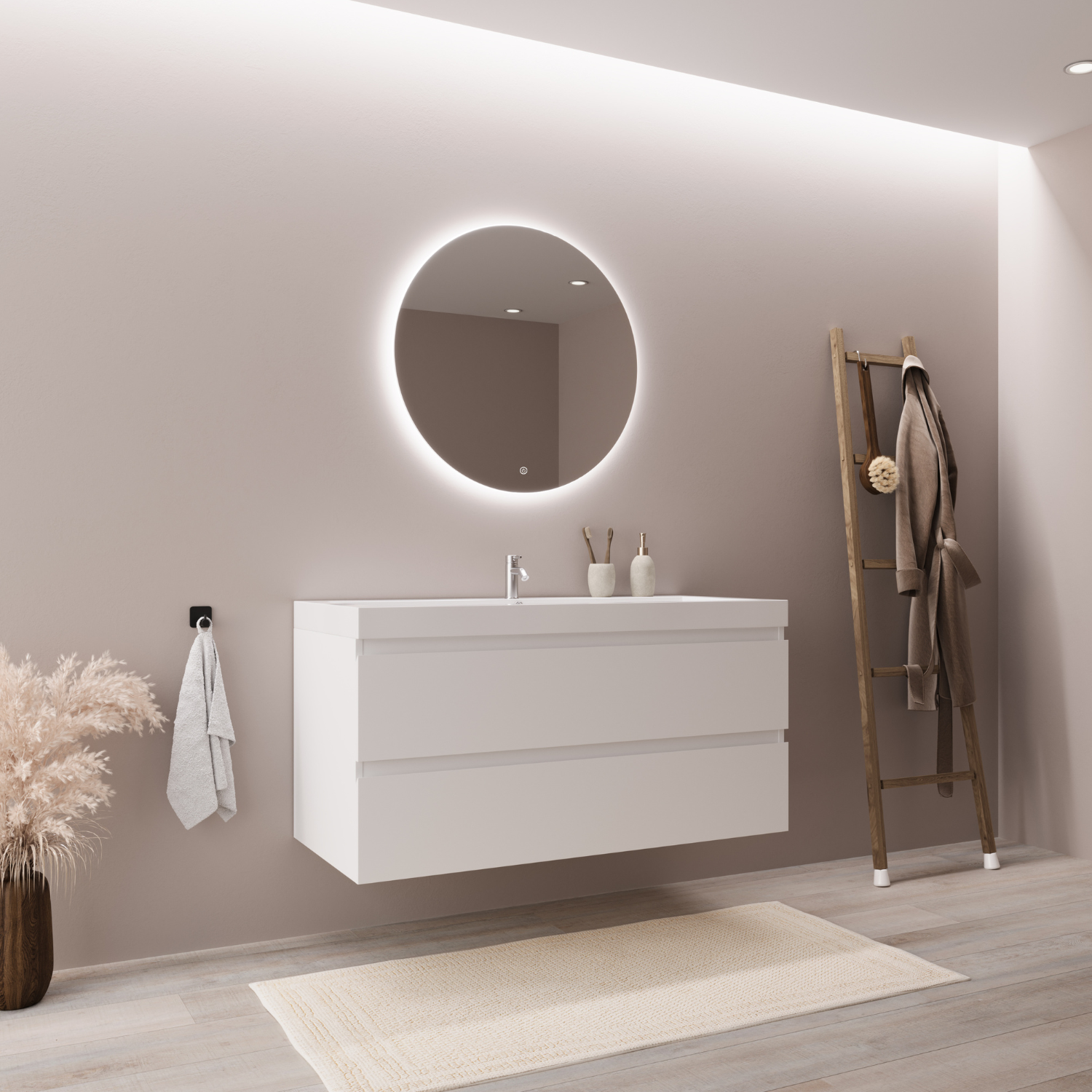 Badmöbel-Set AVALON 100 cm - Mit Hochschrank - Glänzend Weiß