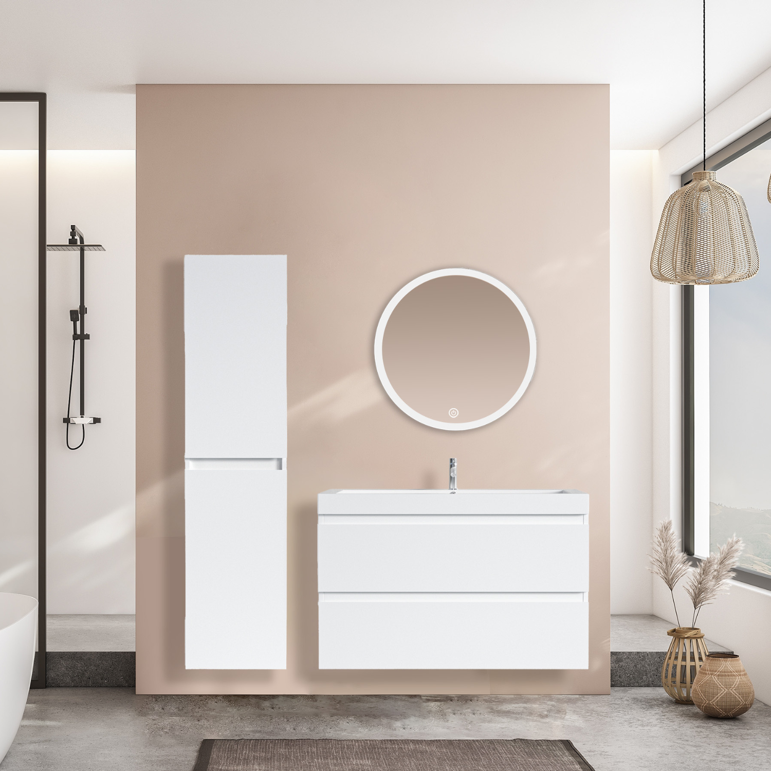 Badmöbel-Set AVALON 80 cm - Mit Hochschrank - Glänzend Weiß