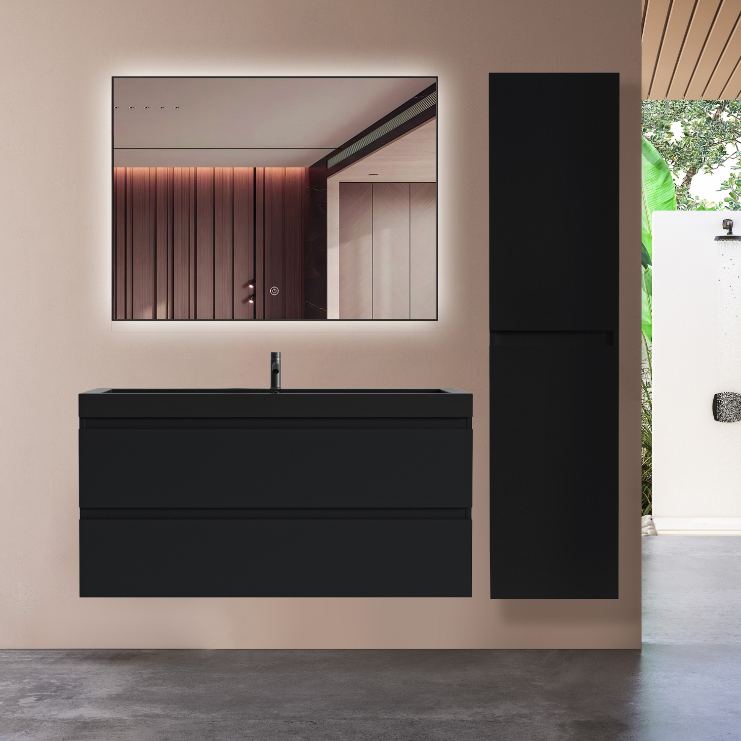 Badmöbel-Set AVALON 100 cm - Mit Schwarzem Hochschrank - Matt Schwarz