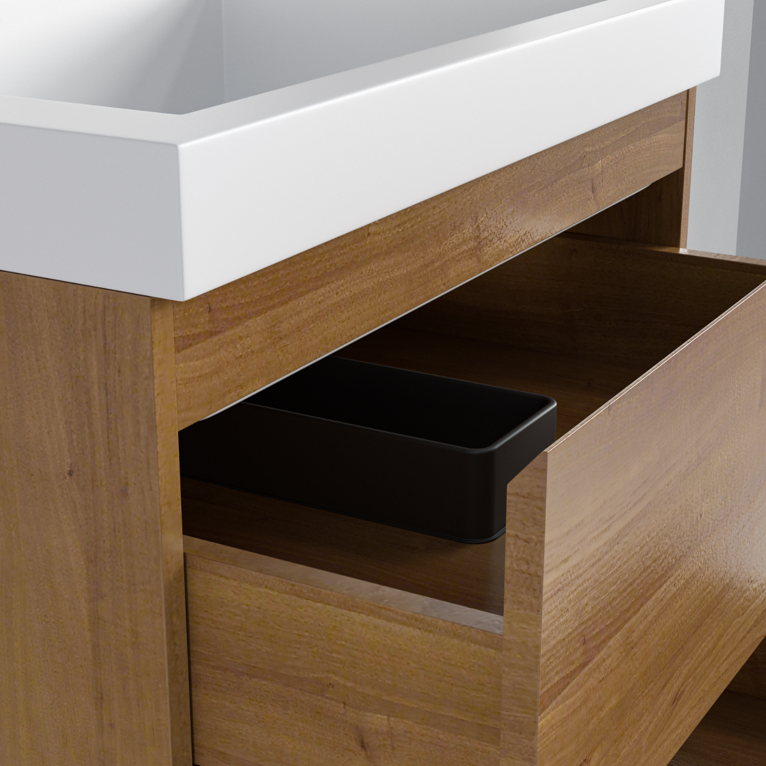 Badmöbel-Set AVALON 60 cm - Mit Hochschrank - Warmes Eichenholz - Waschbecken Weiß