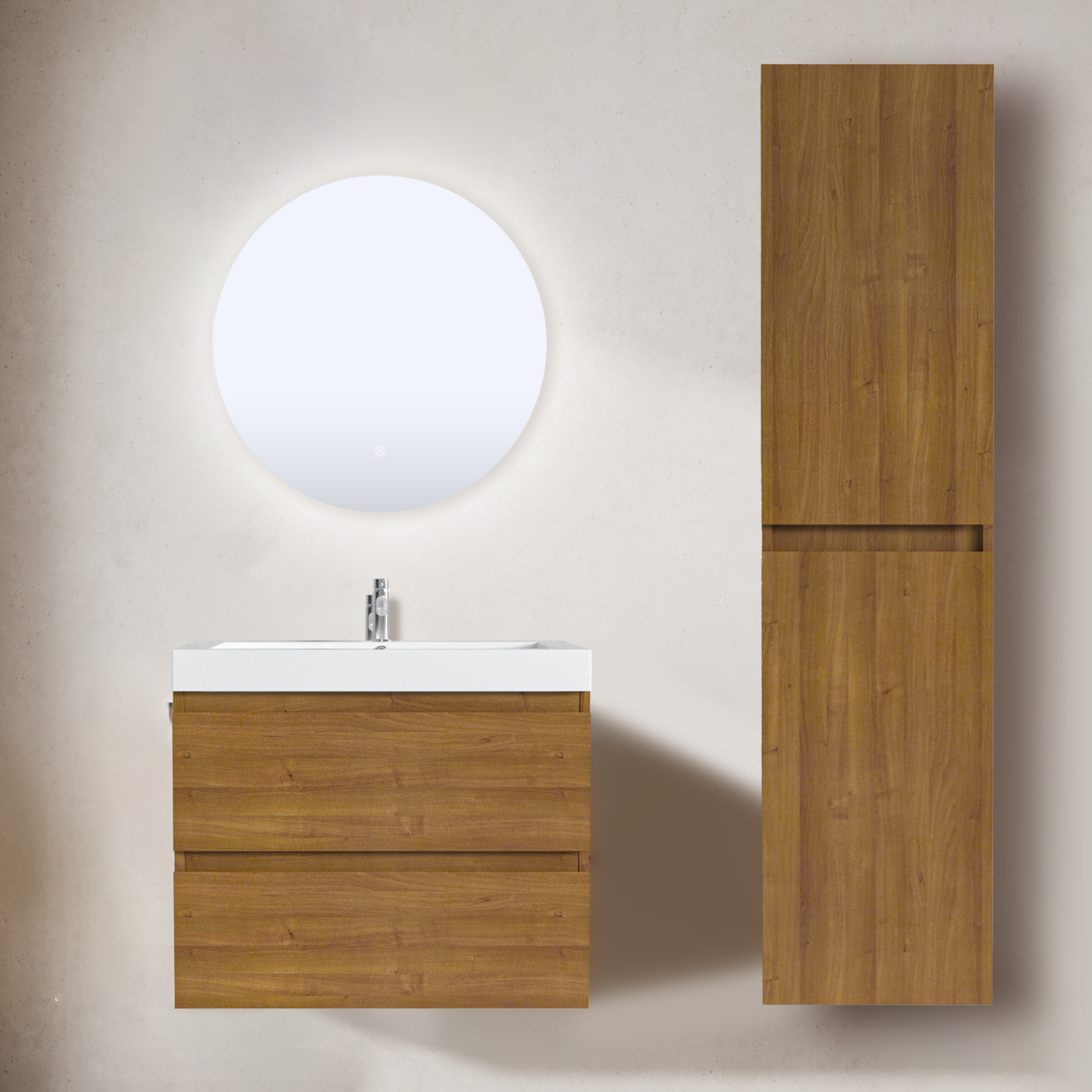 Badmöbel-Set AVALON 60 cm - Mit Hochschrank - Warmes Eichenholz - Waschbecken Weiß