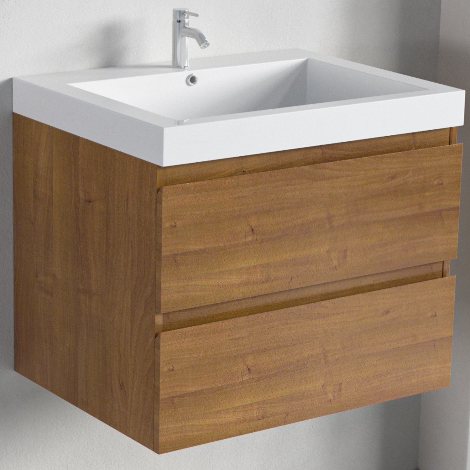 Badmöbel-Set AVALON 60 cm - Mit Hochschrank - Warmes Eichenholz - Waschbecken Weiß