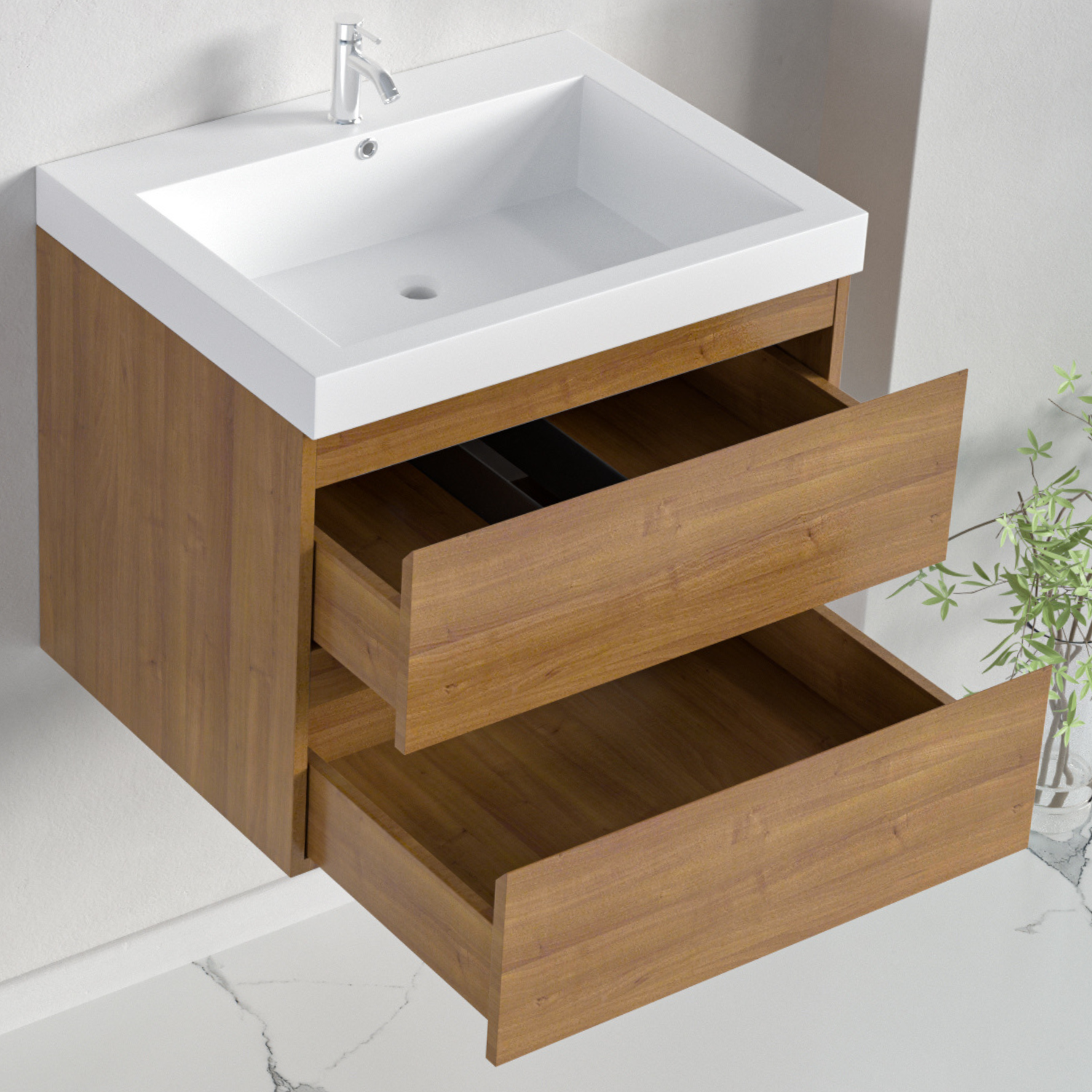 Badmöbel-Set AVALON 60 cm - Mit Hochschrank - Warmes Eichenholz - Waschbecken Weiß