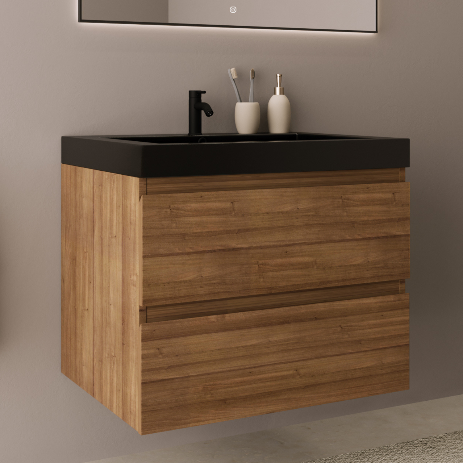 Badmöbel-Set AVALON 60 cm - Mit Hochschrank - Warmes Eichenholz - Waschbecken Schwarz