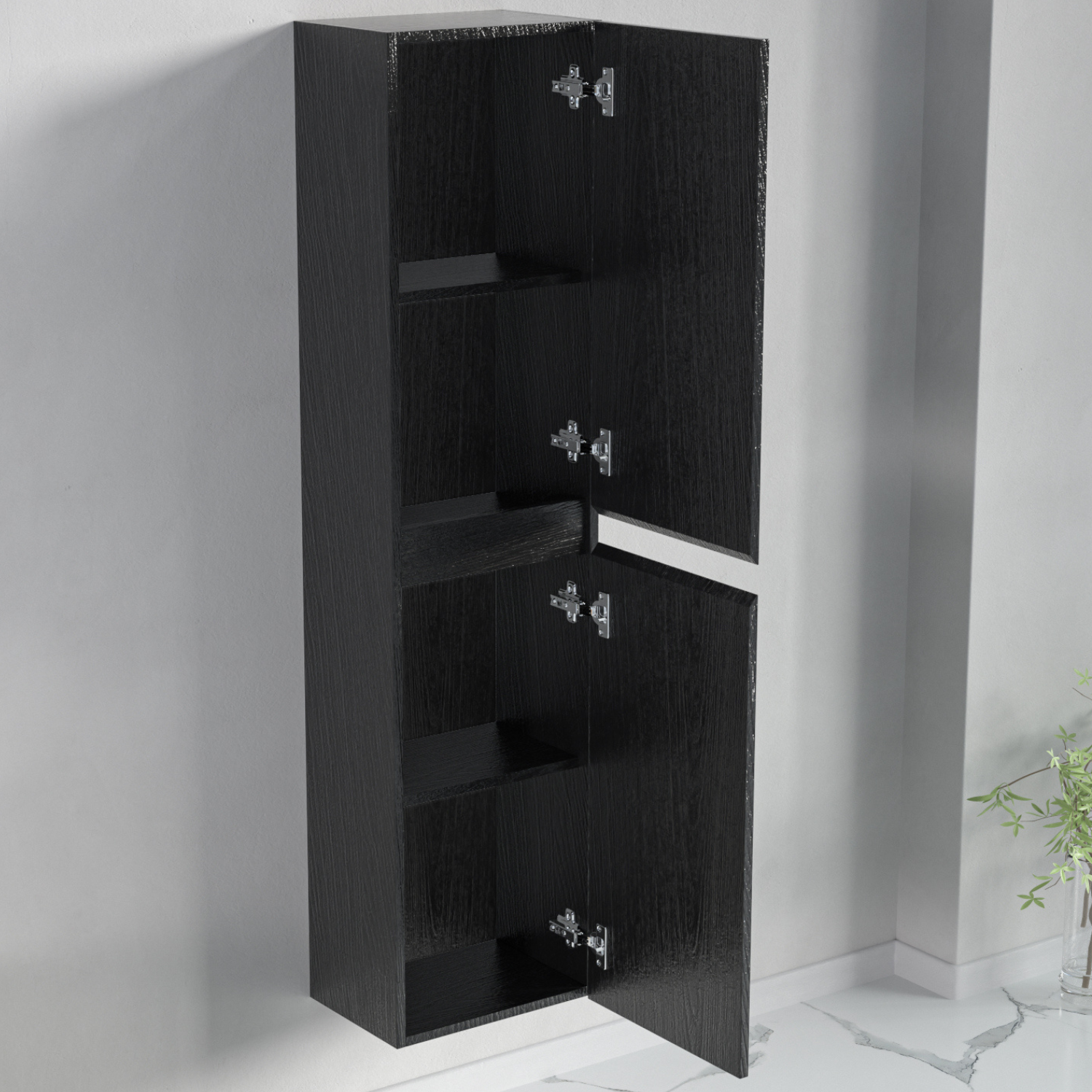 Badmöbel-Set AVALON 60 cm - Mit Hochschrank - Schwarzes Eichenholz - Waschbecken Schwarz